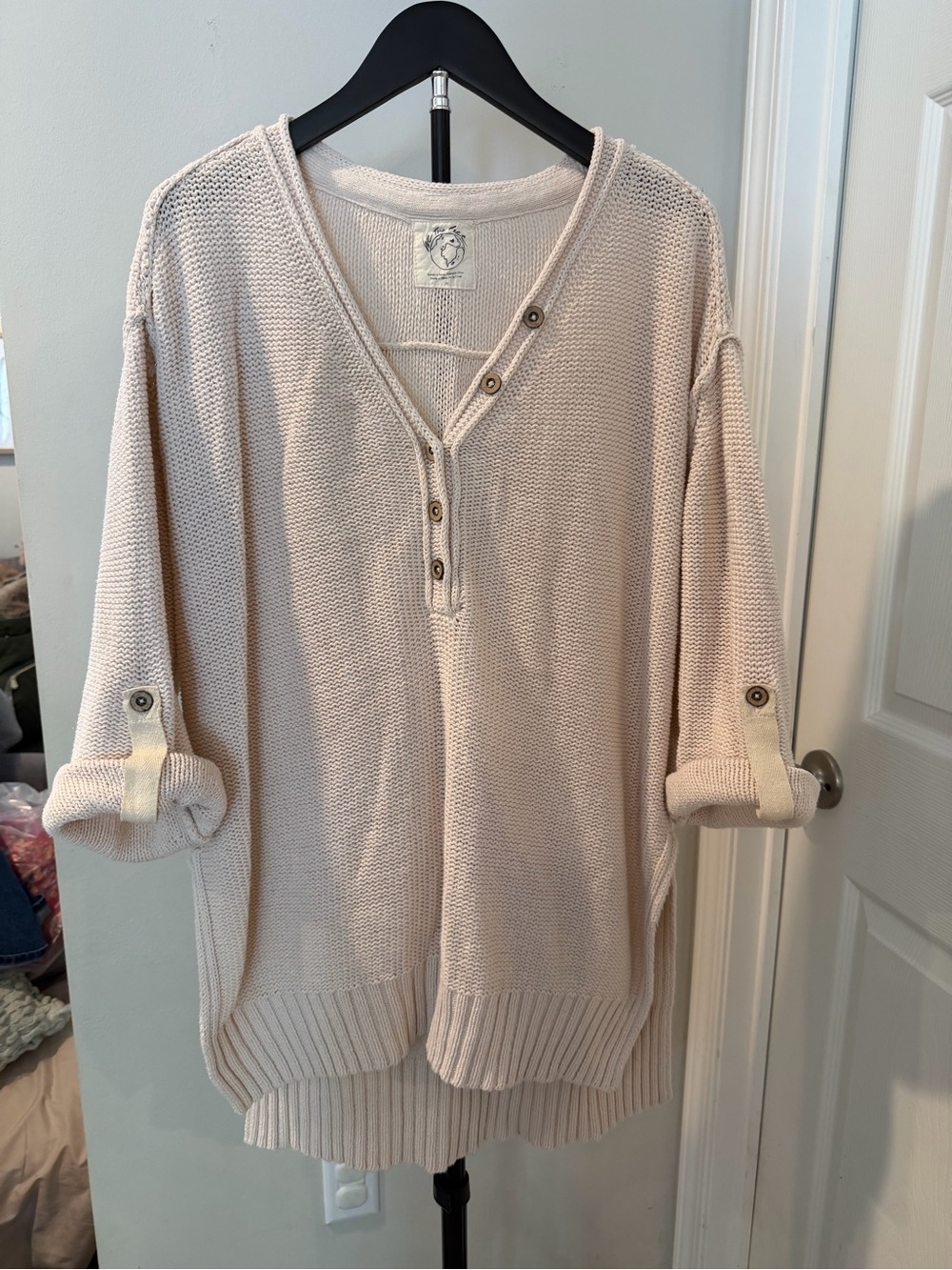 We The Free Women’s Cream Knit Henley Sweater with Roll-Tab Sleeves